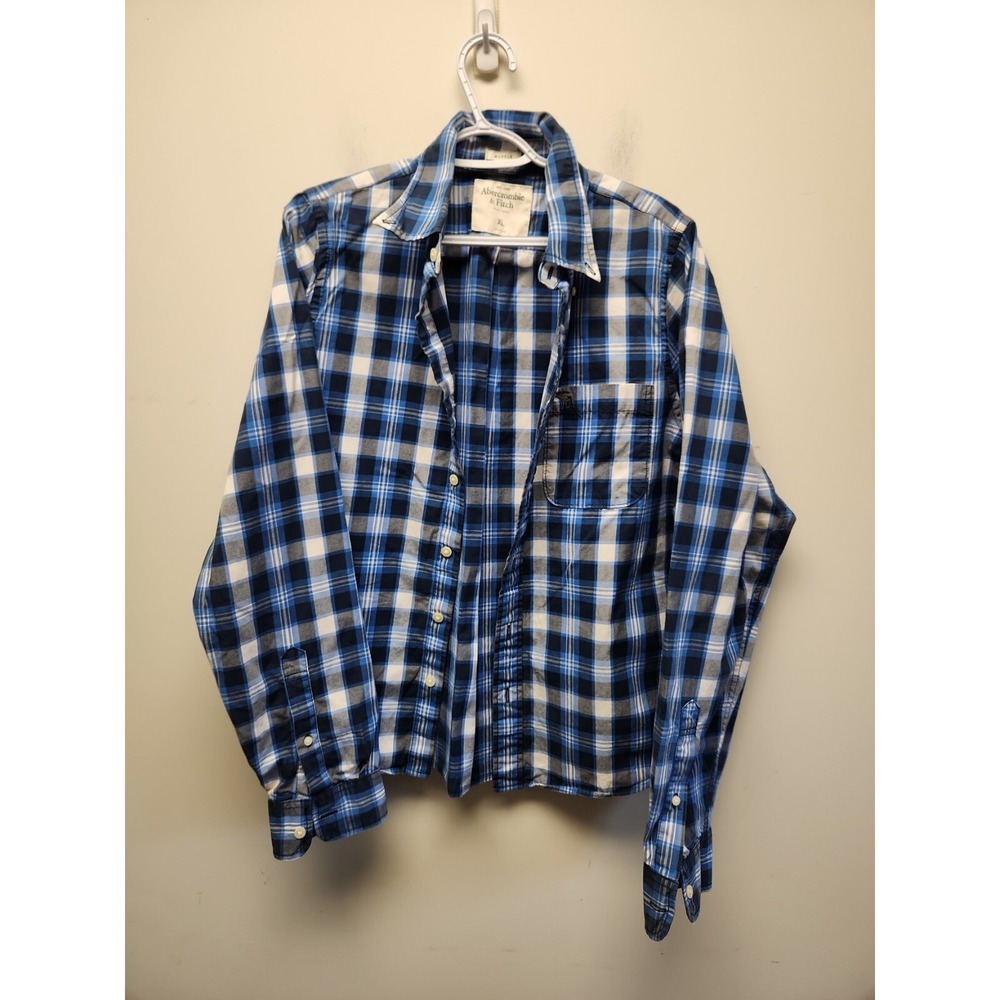 Abercrombie Fitch Mens Muscle Longsleeve Checkered Shirt Blue White Button XL
